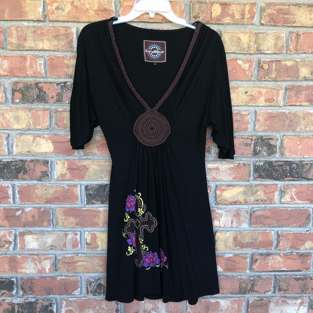 Black jersey tunic/dress with brown crochet center